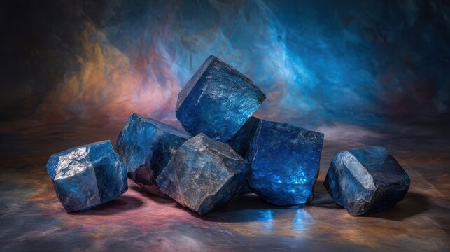 Raw, polished obsidian fragments with sharp, reflective surfaces in a deep blue and black color palette