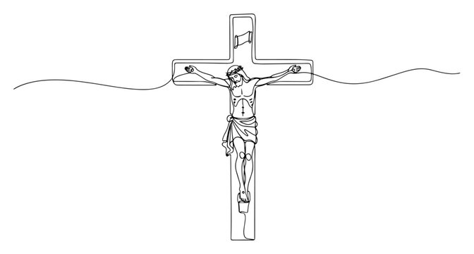Jesus Christ crucified on the cross in minimalist continuous line art style
