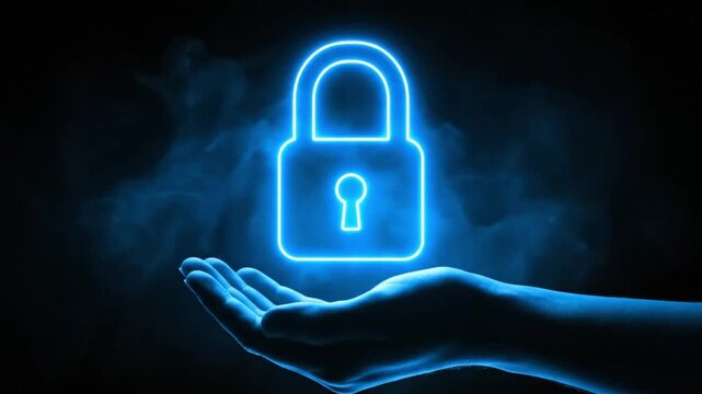 Digital security concept with a glowing blue padlock icon hovering above an open hand, symbolizing data protection, privacy, and cyber safety on a dark background.