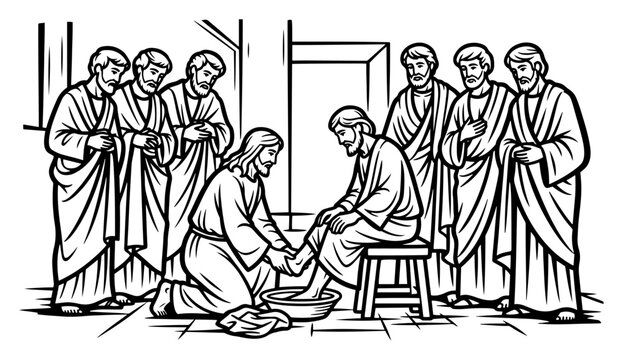 Jesus washing feet of disciples during last supper in biblical line art style