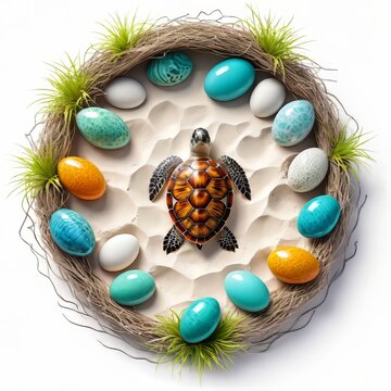 Adorable Sea Turtle Nest Illustration with Hatching Eggs, Bright Colors on White. Conservation Concept for Education and Design Projects.