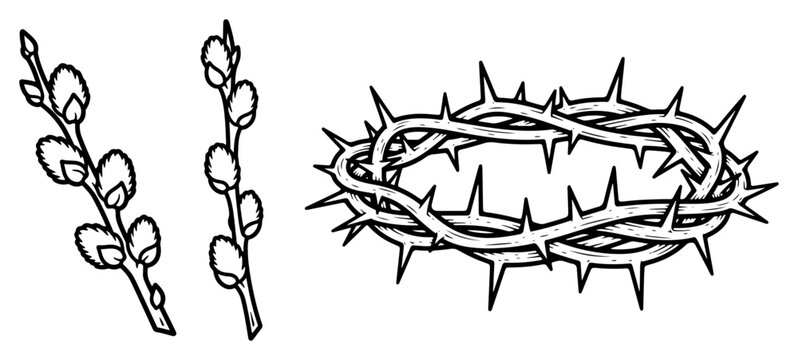Crown of thorns and pussy willow branches in hand drawn sketch style