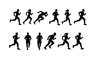 Obraz premium Silhouettes of male and female runners in various dynamic poses on a white background