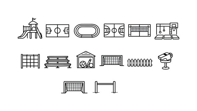 Collection of sports and playground icons representing various outdoor recreational activities and facilities