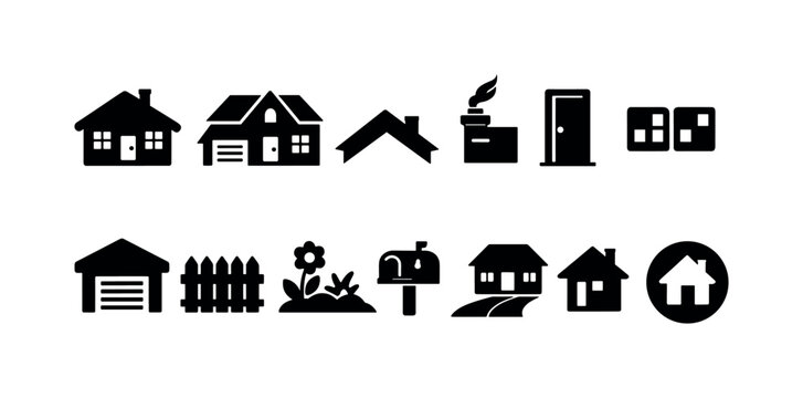 Minimal black house and home icons set with mailbox garage fence door window and roof silhouettes