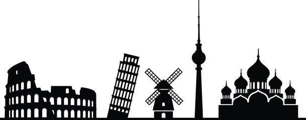 Black silhouette illustration of Colosseum Leaning Tower Pisa windmill Berlin TV Tower Saint Basil Cathedral iconic European landmarks cultural architecture © anisur-creatives