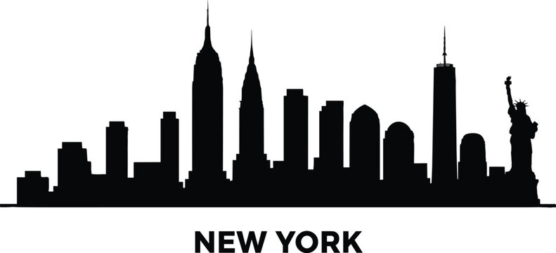 Black silhouette New York City skyline vector illustration featuring Statue of Liberty, Empire State Building, Chrysler Building, One World Trade Center