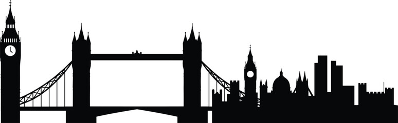 Fototapeta premium London city skyline silhouette vector illustration featuring Tower Bridge, Big Ben, St. Paul’s Cathedral, Westminster Abbey, modern skyscrapers, cultural heritage