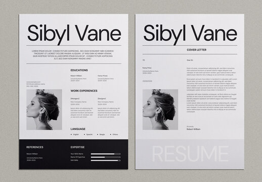 Black and White Resume and Cover Letter Layout