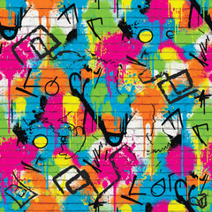 Fototapeta premium Seamless graffiti pattern on a white brick wall. Vibrant urban street art background with colorful liquid spray paint drips, splatters, and abstract black hand drawn doodles.
