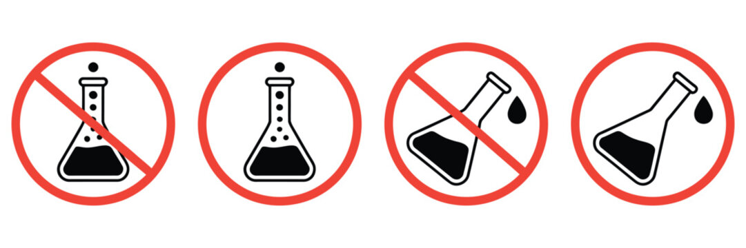 Chemical free prohibited signs vector illustration, no additives, no toxic, no preservatives safety symbols, warning icons for health and product safety design.