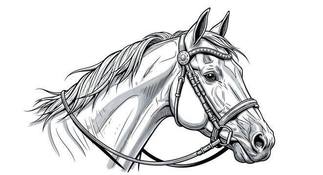 Detailed black and white illustration of a horse head with bridle Keywords: horse, equine