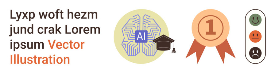 Fototapeta premium Artificial intelligence, education, feedback systems, learning evaluation, recognition, digital tools. AI symbol with graduation cap, award badge and feedback icons. Education and feedback systems