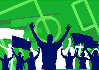 Football fans silhouettes banner on green soccer field background with flags, supporters cheering and celebrating goal. Vector illustration © KR Studio