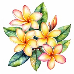 Obraz premium Tropical Plumeria Watercolor Illustration: Isolated Frangipani Flowers for Summer Designs on White Backdrop. Bright Floral Clipart.