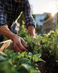 Fototapeta premium A gardener's hands gently care for fresh herbs in a vibrant garden, showcasing the connection between nature and human effort in cultivating green spaces.
