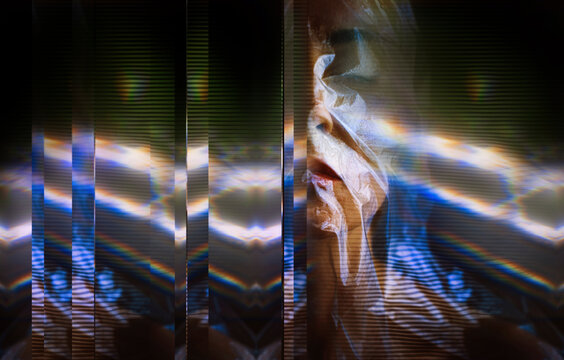 Abstract portrait with prism effect and biometric hologram in cyberspace