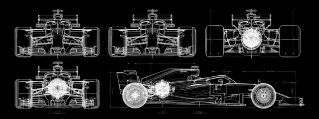 Fotobehang F1 Formula 1 racing car technical blueprint vector illustration on black background  © AI PIC