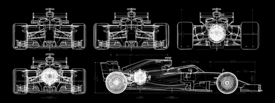 Formula 1 racing car technical blueprint vector illustration on black background