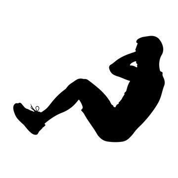Man doing sit-ups silhouette, fitness exercise, flat design vector illustration