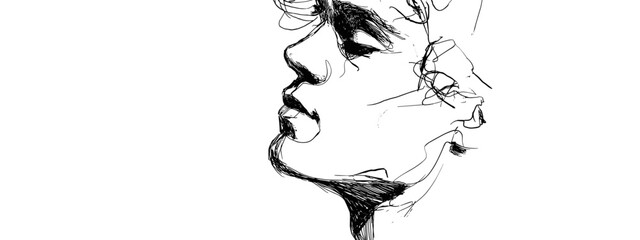 Minimalist profile portrait sketch of woman with flowing hair isolated on white background © AI PIC