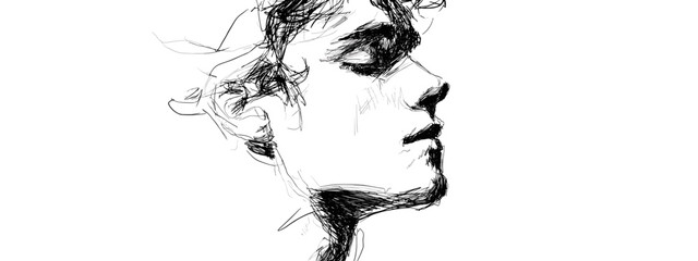 Minimalist profile portrait sketch of woman with flowing hair isolated on white background © AI PIC