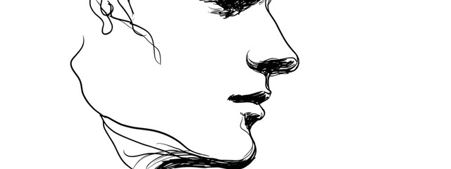 Minimalist profile portrait sketch of woman with flowing hair isolated on white background © AI PIC