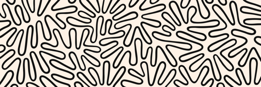 Twisted hand drawn lines, fluid, curved, wiggling stripes, waves abstract 1:3 background. Liquid, funky maze ornament, groovy pattern banner. Doodle uneven wavy organic continuous line
