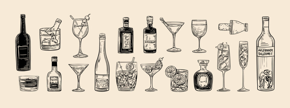 Hand drawn alcohol drinks set with wine beer cocktail glasses doodle sketch illustration