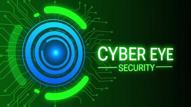 Animated Cyber Eye Security Concept with Glowing Blue Iris and Green Circuit Board Elements on Dark Background for Digital Protection