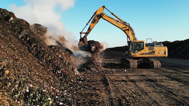 Yellow excavator moving steaming compost and organic waste at a large outdoor waste management facility under a clear blue sky