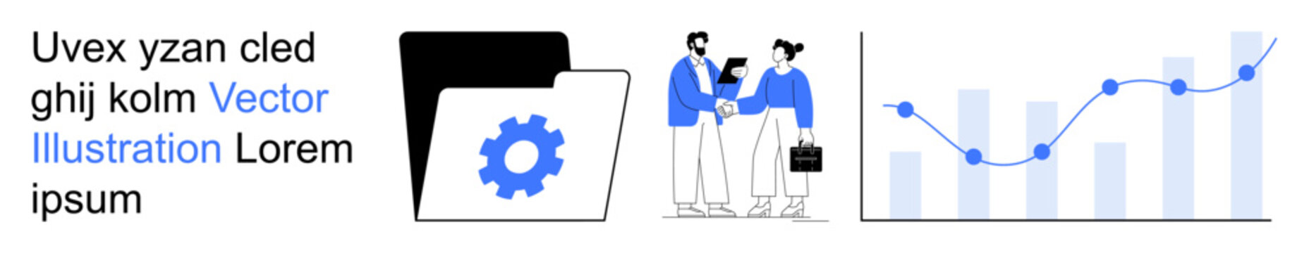Business solutions, teamwork, financial analysis, data management, productivity tools, organizational success. Gear icon in folder, handshake and a rising graph chart. Business solutions