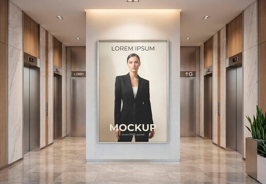 Large blank poster frame mockup in modern elevator lobby interior