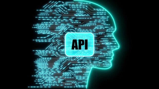 Glowing Neon API Head Silhouette with Circuitry and Data Flow on Black Background natural language processing. black background. 4k animation 