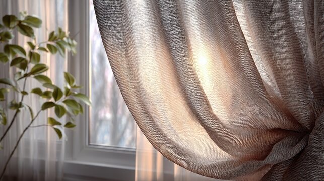 Sheer Curtain with Sunlight and Plant by Window, Interior Home Decor