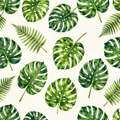 Naklejka premium Seamless Tropical Leaves Pattern Monstera Fern Palm - Biophilic Green Design