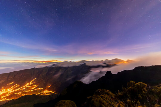 Mountain landscape with fog at dawn in Madeira Portugal