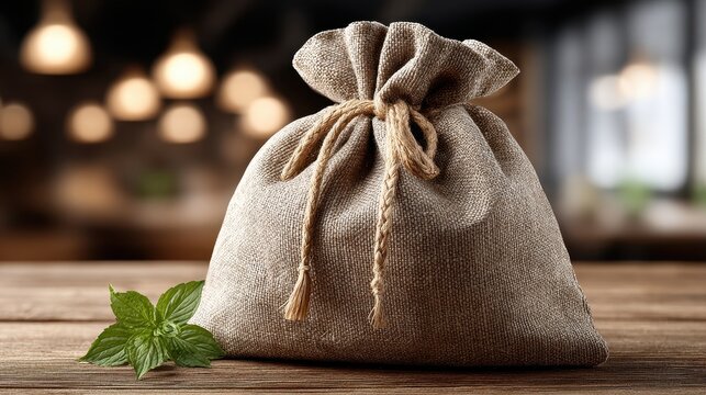 Rustic Burlap Sack with Twine Tie and Fresh Mint on Wooden Table