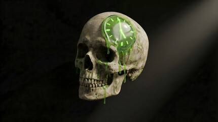 Obraz premium Human skull with glowing green brain hologram futuristic technology concept dark background 3d render