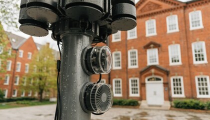 Closeup medium shot of smart pole in a campus quad installation emphasizing advanced antenna array and sensor modules with blurred academic buildings.