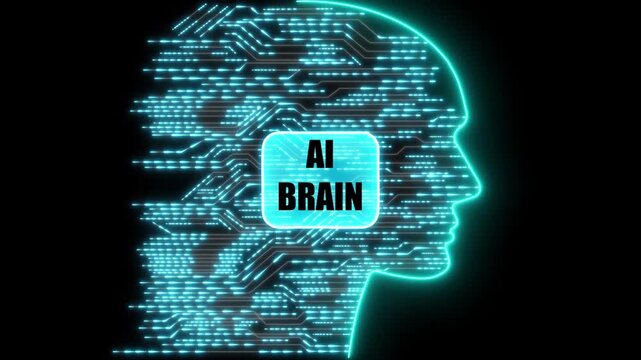 Glowing Neon AI BRAIN Head Silhouette with Circuitry and Data Flow on Black Background natural language processing. black background. 4k animation 