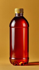 Plastic bottle filled with iced tea, featuring a golden cap, set against a soft amber backdrop