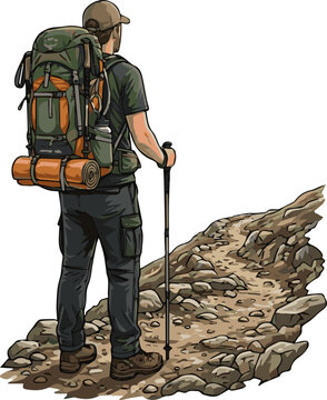 Create a realistic man wearing hiking clothes and a backpack for trekking or travel, standing back vector art with white background..