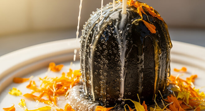 Mahesh Navami, Close-up of a sacred stone Shivling being anointed with fresh milk and honey, scattered bright orange marigold petals
