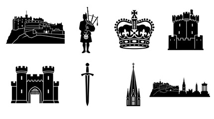 Obraz premium Scotland Landmark Vector Silhouette Icon Set Featuring Edinburgh Castle, Bagpipes, Royal Crown, Medieval Castle, Fortified Gate, Sword, Church Steeple, and City Skyline for Culture and Design Use