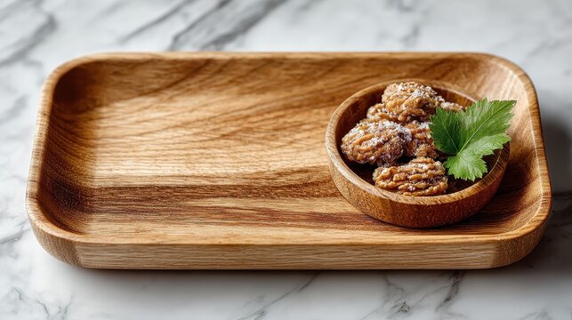 Chestnut Marron Glaces in Wooden Bowl on Serving Tray with Green Leaf