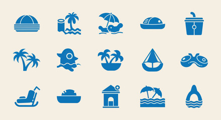 Collection of blue summer and travel themed icons on a light background. © Wita