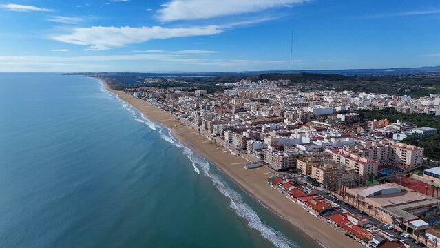 Aerial drone view of Guardamar del Segura beach and Mediterranean coastline, Costa Blanca, Spain