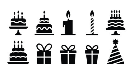Fototapeta premium Black silhouette birthday icons set with cakes candles gifts and party hat on white background