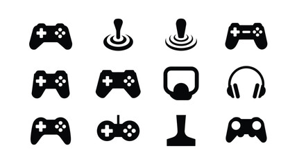 Gaming controllers and accessories icons set including joysticks headsets and gamepads on white background for digital design © Tuli